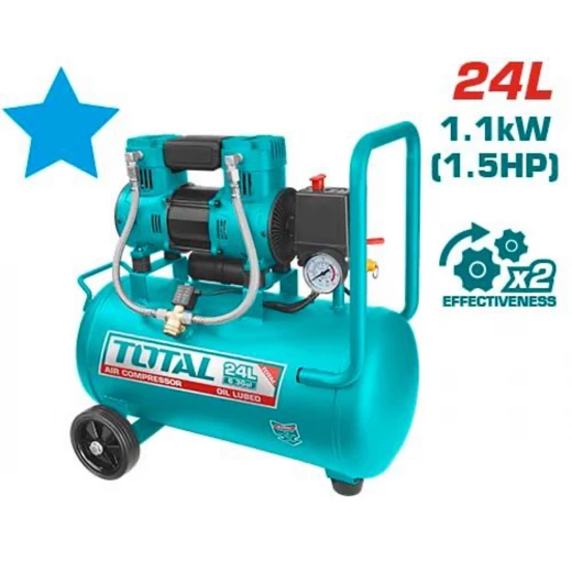 كمبروسر هواء (TCS1110242) ,محرك 1100 واط (1.5 حصان) بدون زيت، خزان 24 لتر, ضاغط هواء منخفض الضجيج 8 بار للاستخدام المنزلي والمهني من توتال كمبروسر هواء (TCS1110242) ,محرك 1100 واط (1.5 حصان) بدون زيت، خزان 24 لتر, ضاغط هواء منخفض الضجيج 8 بار للاستخدام المنزلي والمهني من توتال