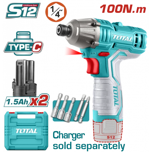 TOTAL 12V Cordless Impact Driver 100Nm Torque 2 Batteries Set TOTAL 12V Cordless Impact Driver 100Nm Torque 2 Batteries Set