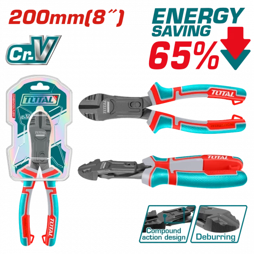 Total 8" Compound Action Diagonal Cutting Pliers (THTC530806), Cr-V Steel, Teflon Coating, Deburring Function & Comfortable TPR Grip Total 8" Compound Action Diagonal Cutting Pliers (THTC530806), Cr-V Steel, Teflon Coating, Deburring Function & Comfortable TPR Grip