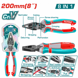 Total 8-in-1 Multi-function Combination Pliers, 8" (200mm) Durable Cr-V Steel with Teflon Coating & Ergonomic Grip