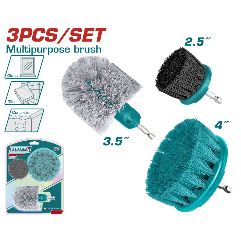 TOTAL 3-Piece Multipurpose Drill Brush Set - 1/4" Hex Shank for Cleaning Tubs, Tiles & More - Total