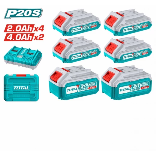 طقم بطاريات وشاحن ليثيوم أيون P20S (TOSLI230701) وبطاريات 20 فولت بسعة 2.0 أمبير و4.0 أمبير, شاحن ذكي سريع ذو منفذين لشحن البطاريتين معاً, متوافق مع أدوات توتال P20S من توتال طقم بطاريات وشاحن ليثيوم أيون P20S (TOSLI230701) وبطاريات 20 فولت بسعة 2.0 أمبير و4.0 أمبير, شاحن ذكي سريع ذو منفذين لشحن البطاريتين معاً, متوافق مع أدوات توتال P20S من توتال