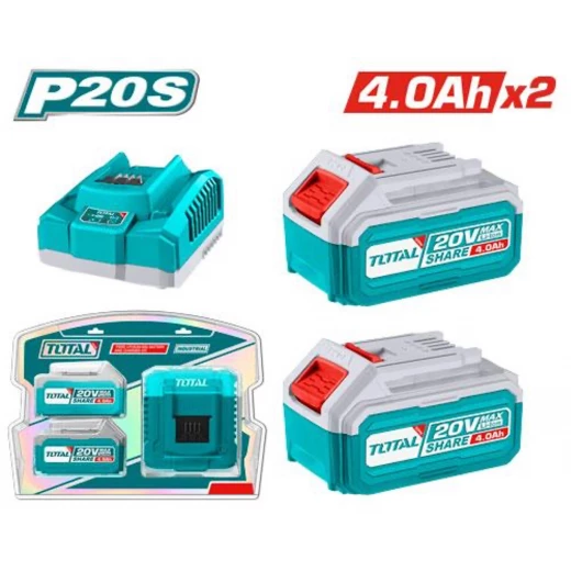 طقم بطارية وشاحن ليثيوم أيون P20S 20 فولت (TFBCPK1424) ,بطاريتان 4.0 أمبير مع مؤشر LED للشحن, شاحن ذكي سريع, متوافق مع نظام أدوات P20S من توتال طقم بطارية وشاحن ليثيوم أيون P20S 20 فولت (TFBCPK1424) ,بطاريتان 4.0 أمبير مع مؤشر LED للشحن, شاحن ذكي سريع, متوافق مع نظام أدوات P20S من توتال