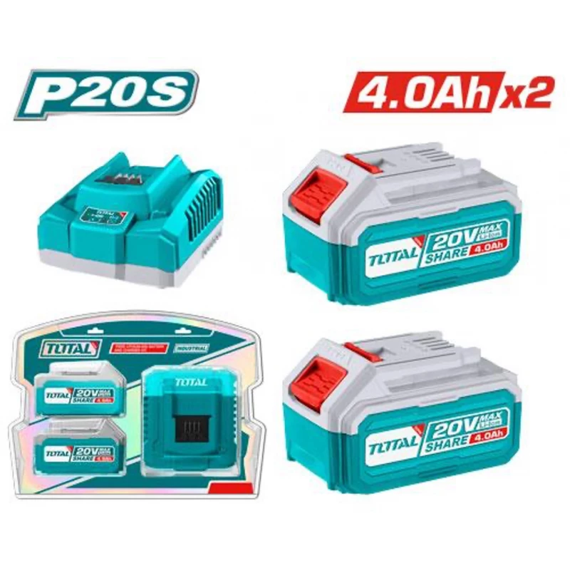 طقم بطارية وشاحن ليثيوم أيون P20S 20 فولت (TFBCPK1424) ,بطاريتان 4.0 أمبير مع مؤشر LED للشحن, شاحن ذكي سريع, متوافق مع نظام أدوات P20S من توتال - توتال