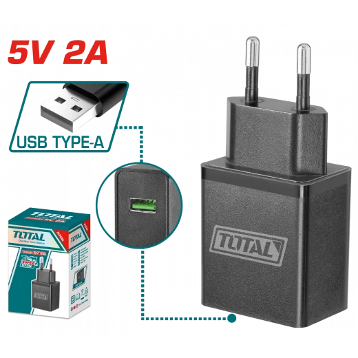 شاحن USB بقدرة 5 فولت (TCLI120502) من توتال – شاحن عملي وموثوق لشحن الهواتف، الأدوات، والأجهزة المزودة بمنفذ USB شاحن USB بقدرة 5 فولت (TCLI120502) من توتال – شاحن عملي وموثوق لشحن الهواتف، الأدوات، والأجهزة المزودة بمنفذ USB