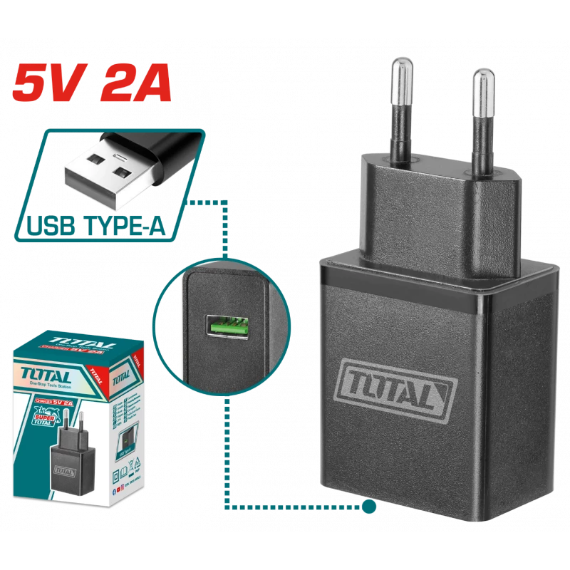 شاحن USB بقدرة 5 فولت (TCLI120502) من توتال – شاحن عملي وموثوق لشحن الهواتف، الأدوات، والأجهزة المزودة بمنفذ USB - توتال