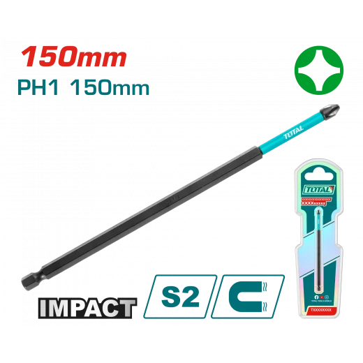 TOTAL Impact Screwdriver Bit PH1 150mm S2 Steel Magnetic (TACIM71PH1150) TOTAL Impact Screwdriver Bit PH1 150mm S2 Steel Magnetic (TACIM71PH1150)
