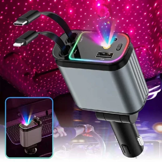 شاحن سيارة USB-C بإضاءة نجوم: شحن سريع 4 في 1 بكابل قابل للسحب - Image 4