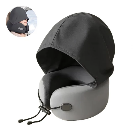 Premium Memory Foam Travel Pillow with Hood, Ergonomic Neck Support for Airplane, Car, Train, Provides Superior Comfort and Relaxation, Includes Compact Carrying Case