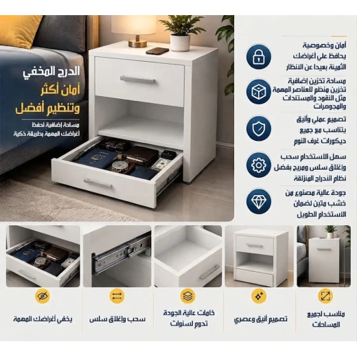 طاولة سرير جانبية بدرج مخفي أبيض - Image 4