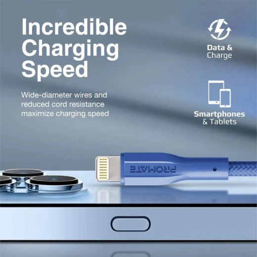 كابل شحن آيفون XCord-Ai أزرق, معتمد من ابل MFi، عالي التحمل وسرعة شحن فائقة, متوافق مع أجهزة ايفون و ايباد و ايربودز من بروميت - برو مات - Image 2