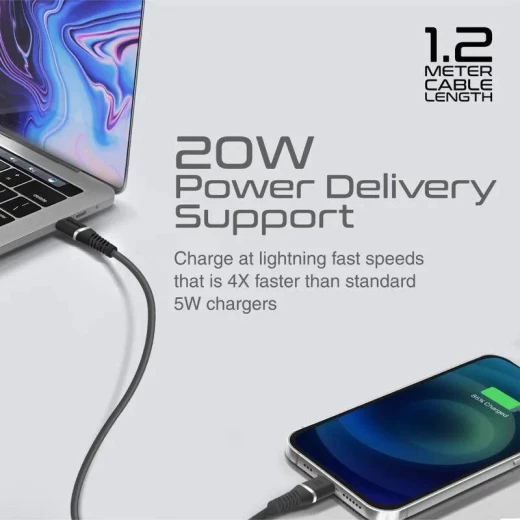 كابل USB-C إلى لايتنينغ معتمد من ابل MFi، شحن سريع بقوة 20 واط توصيل الطاقة، طول 1.2 متر، كابل سيليكون متين، متوافق مع آيفون وآيباد, أسود من بروميت - برو مات - Image 5