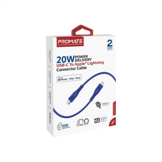 كابل Promate 20W USB-C إلى Lightning - أزرق - شحن سريع ومتين - برو مات - Image 7