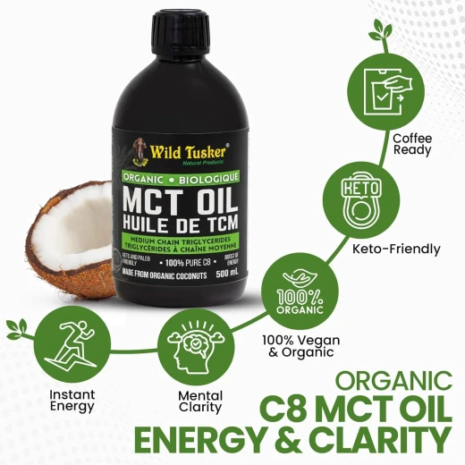 Wild Tusker Organic Premium MCT Oil (Fractionated Coconut Oil), 100% C8 Caprylic Acid, 500ml | Non-GMO, Cold pressed without chemicals | Keto Friendly, Kosher Checked, Vegetarian - Wild tusker - Image 3