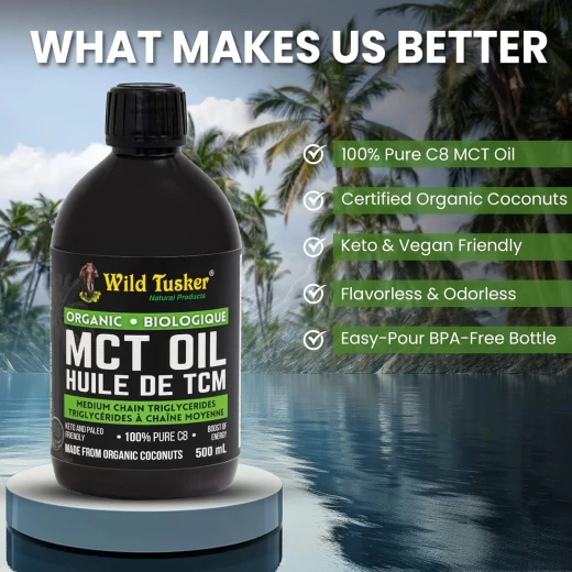 Wild Tusker Organic Premium MCT Oil (Fractionated Coconut Oil), 100% C8 Caprylic Acid, 500ml | Non-GMO, Cold pressed without chemicals | Keto Friendly, Kosher Checked, Vegetarian - Wild tusker - Image 5
