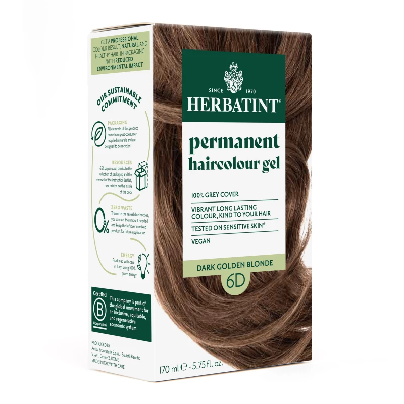 Herbatint Permanent Hair Colour Gel 6D Dark Golden Blonde 170ml, Ammonia Free - Herbatint