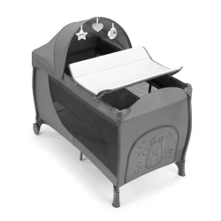 CAM Daily Plus Baby Cot Crib Grey – Portable Travel Cot with Changing Table Canopy Plush Toys Mosquito Net and Comfortable Mattress