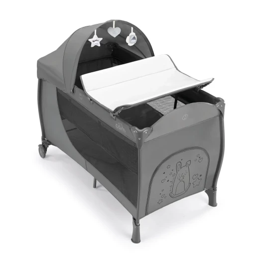 CAM Daily Plus Baby Cot Crib Grey – Portable Travel Cot with Changing Table Canopy Plush Toys Mosquito Net and Comfortable Mattress