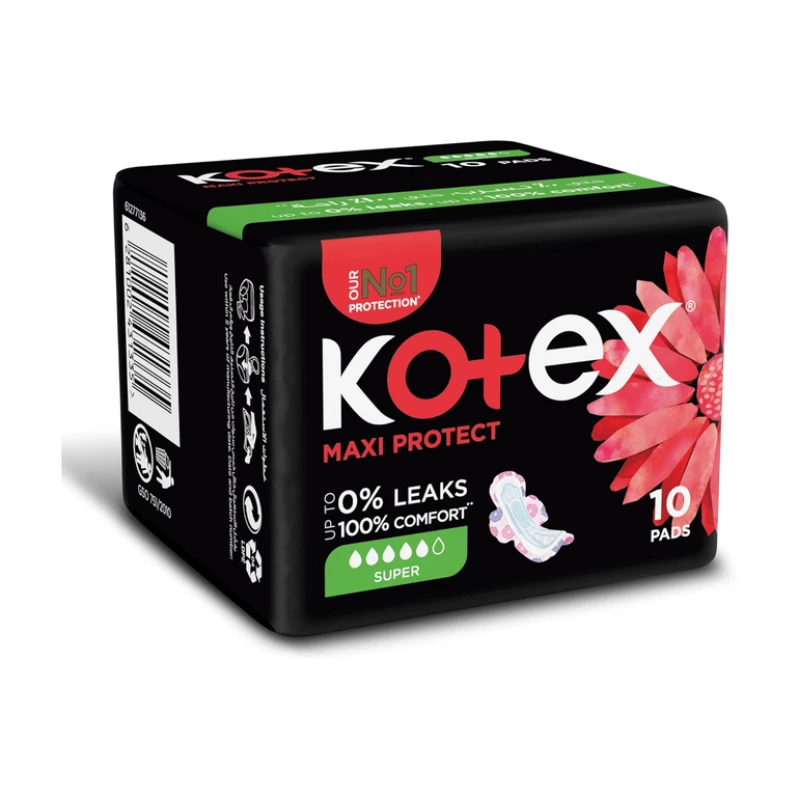 Kotex Maxi Protect Large Sanitary Pads with Wings 10 Pads Fast Absorption Anti-Leak Barriers Soft & Comfortable Secure Fit - Kotex