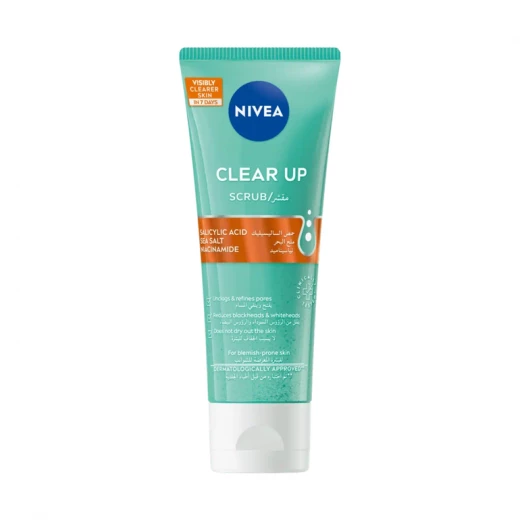 Nivea Clear Up Face Scrub 75ml, Exfoliating scrub designed for blemish-prone skin, removes impurities, unclogs pores, and helps prevent breakouts for a clearer complexion. Nivea Clear Up Face Scrub 75ml, Exfoliating scrub designed for blemish-prone skin, removes impurities, unclogs pores, and helps prevent breakouts for a clearer complexion.