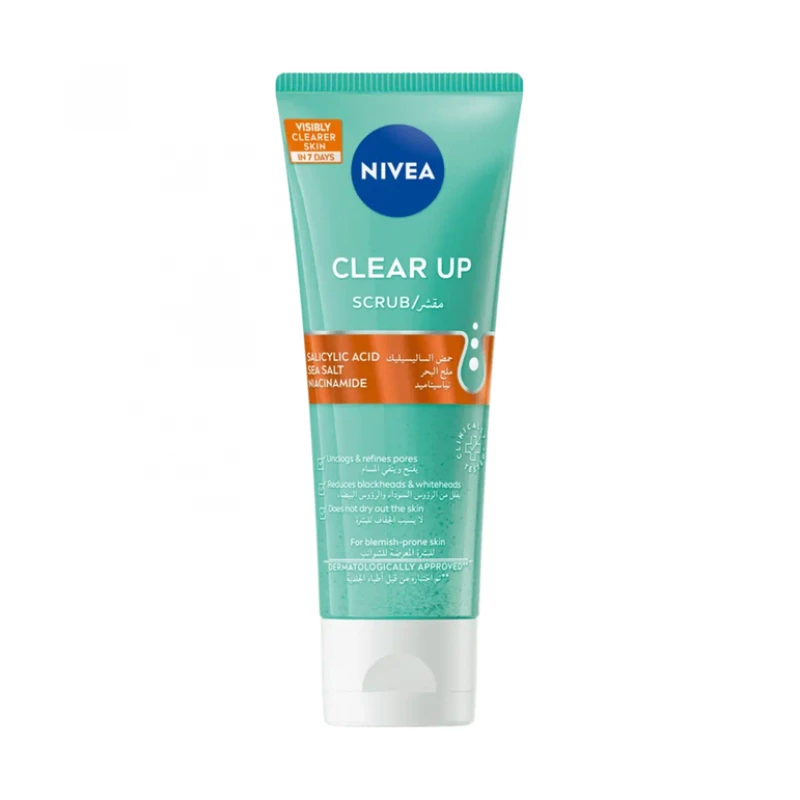 Nivea Clear Up Face Scrub 75ml, Exfoliating scrub designed for blemish-prone skin, removes impurities, unclogs pores, and helps prevent breakouts for a clearer complexion. - Nivea