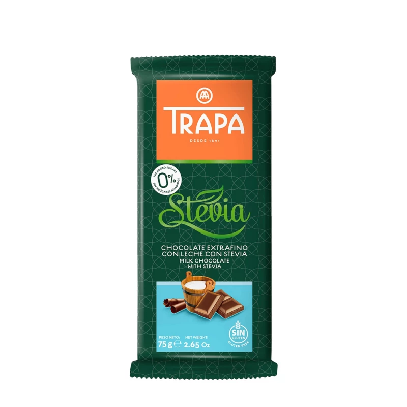 Trapa Stevia Milk Chocolate Bar 75g | Gluten-Free | No Added Sugar | Smooth Creamy Texture | Sweetened with Natural Stevia | Perfect Guilt-Free Treat - Trapa