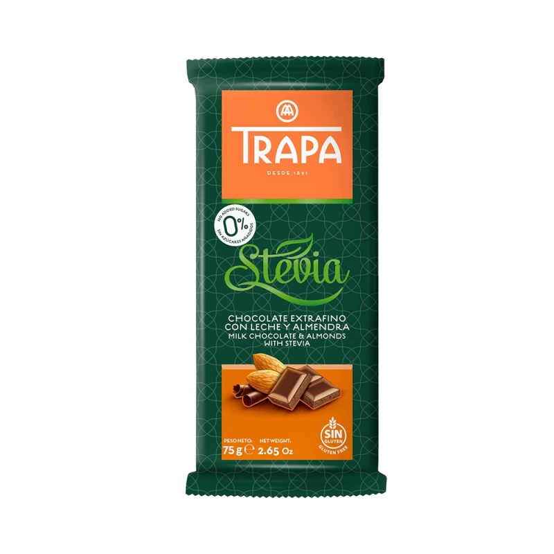 Trapa Gluten-Free No Sugar Chocolate with Milk & Almonds 75g - Trapa