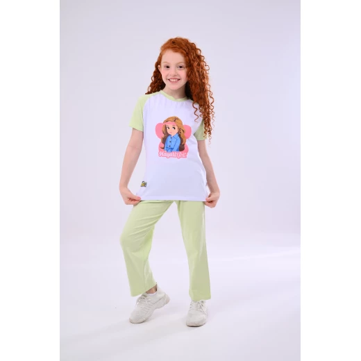 Zaitoon Hayati Girl's Pajama Set - White & Green - 2 Years - Soft Cotton Zaitoon Hayati Girl's Pajama Set - White & Green - 2 Years - Soft Cotton