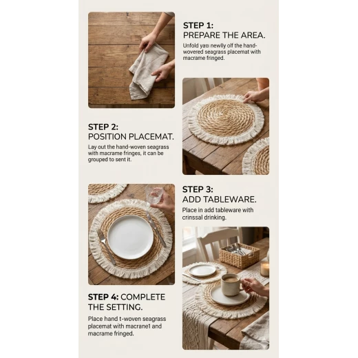 Natural Grass Woven Round Placemat with Tassel Farmhouse Coffee Tea Mat Decorative Table Protector for Kitchen Dining Party Home Decor Rustic Style 1 Piece 20cm Woven Coaster Mat - Kitchen house - Image 3