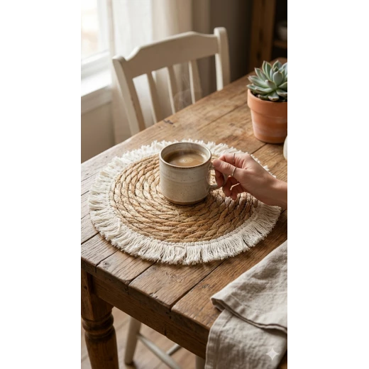 Natural Grass Woven Round Placemat with Tassel Farmhouse Coffee Tea Mat Decorative Table Protector for Kitchen Dining Party Home Decor Rustic Style 1 Piece 20cm Woven Coaster Mat - Kitchen house - Image 2