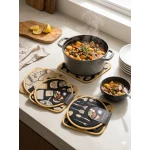 YA JIE Round Kitchen Hot Pads Heat Resistant Black Fabric Pot Holders with White Culinary Utensil Icons and Yellow Trim for Protecting Tables Countertops and Hot Cookware - Kitchen house