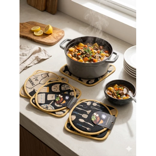 YA JIE Round Kitchen Hot Pads Heat Resistant Black Fabric Pot Holders with White Culinary Utensil Icons and Yellow Trim for Protecting Tables Countertops and Hot Cookware