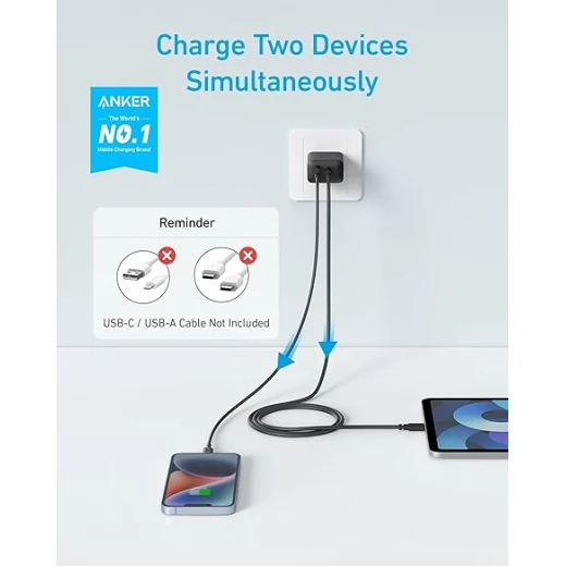 شاحن Anker (20 واط، منفذين) مع كابل USB-C وUSB-C (كابل USB-C وUSB-C بقوة 20 واط متضمن، شاحن سريع بمنفذين)، متوافق مع المعايير الفنية PSE، متوافق مع USB PD، مزود بتقنية PowerIQ، حجم صغير - انكر - Image 6