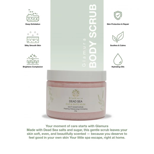 Glamura Oud & White Musk Scrub – Exfoliating Body Scrub | Dead Sea Salt + Natural Oils-450g - Glamura - Image 9