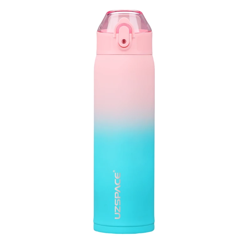 UZSPACE Stainless Steel Wate Bottle 500 ml with Leak-Proof Plastic Lid Pink and Cyan - Uzspace
