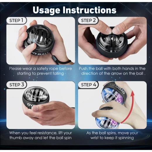Gyro Ball Hand Wrist Exerciser Auto Start Colorful Lighting Forearm Trainer Torque Ball Black - Image 2