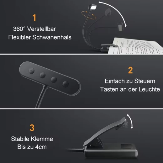 Rechargeable LED Clip-On Book Light with Adjustable Gooseneck, 3 Color Modes & 10 Brightness Levels for Bed Reading - Eye Care, Small and Portable Study Lamp, Reading light - Image 3