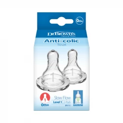 Dr.Brown's Narrow -Neck Silicone Nipple Level 1 ( 0-3 months ) , 2-Pack