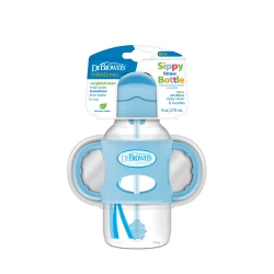 Dr. Browns Plastic Wide-Neck Sippy Straw Bottle With Silicone Handles , 9 oz/ 270 ml , Blue ,1-pack