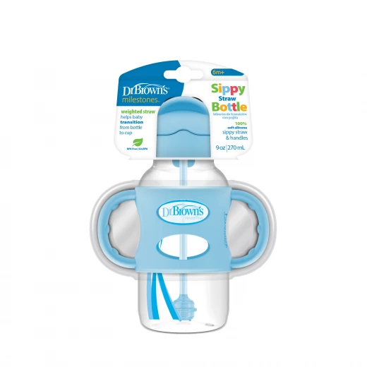 Dr. Browns Plastic Wide-Neck Sippy Straw Bottle With Silicone Handles , 9 oz/ 270 ml , Blue ,1-pack Dr. Browns Plastic Wide-Neck Sippy Straw Bottle With Silicone Handles , 9 oz/ 270 ml , Blue ,1-pack