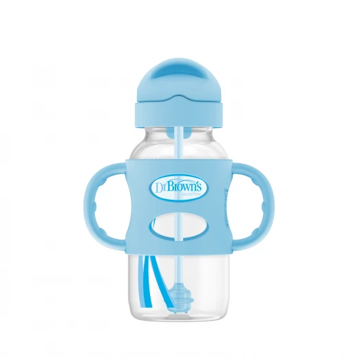 Dr. Browns Plastic Wide-Neck Sippy Straw Bottle With Silicone Handles , 9 oz/ 270 ml , Blue ,1-pack - Dr. Brown's - Image 2