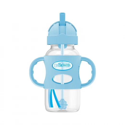 Dr. Browns Plastic Wide-Neck Sippy Straw Bottle With Silicone Handles , 9 oz/ 270 ml , Blue ,1-pack - Dr. Brown's - Image 3