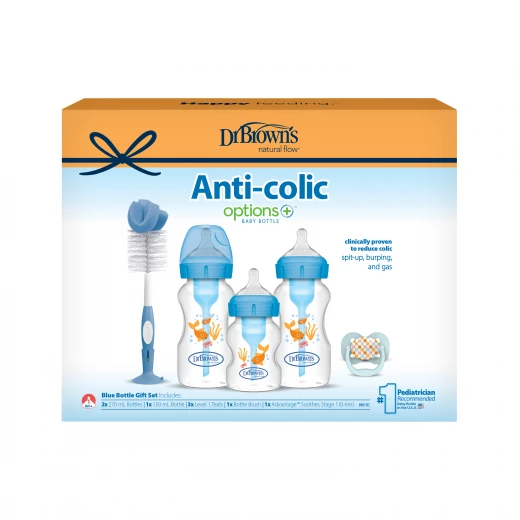 Dr.Browns Plastic Wide-Neck Options+ Baby Bottle , Blue Gift Set with ( 3 Bottles , 3 Nipples , Bottle Cleaning Brush and Pacifier) Dr.Browns Plastic Wide-Neck Options+ Baby Bottle , Blue Gift Set with ( 3 Bottles , 3 Nipples , Bottle Cleaning Brush and Pacifier)