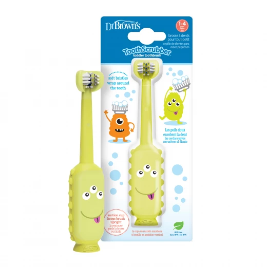 Dr. Browns Tooth Scrubber Toddler Toothbrush, Triple-Sided Training Toothbrush ,Yellow Monster , 1-4 Years