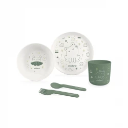 Miniland Baby Tableware Set ( Plate , Bowl ,Spoon , Fork , Cup ) 100% natural bio-based materials - Frog Design