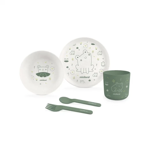 Miniland Baby Tableware Set ( Plate , Bowl ,Spoon , Fork , Cup ) 100% natural bio-based materials - Frog Design Miniland Baby Tableware Set ( Plate , Bowl ,Spoon , Fork , Cup ) 100% natural bio-based materials - Frog Design