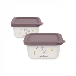 Miniland Food Containers Set of 2 , 400ml Capacity , with airtight silicone lids , For Storing Baby Food - Chick