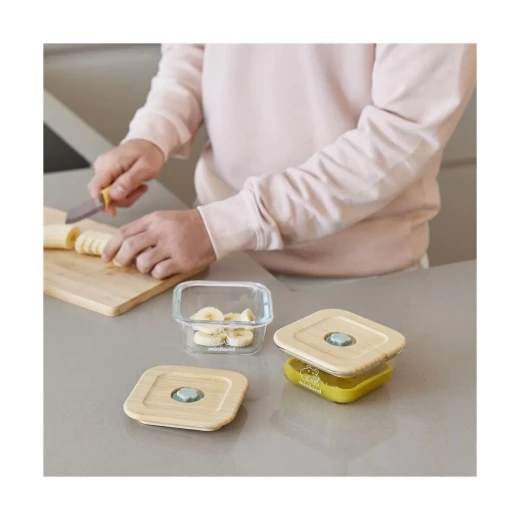 Miniland Glass Food Containers Set of 2 , 210ml Capacity , Wood Lids , With Insulated Bag , FROG - Miniland - Image 2