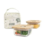 Miniland Glass Food Containers Set of 2 , 210ml Capacity , Wood Lids , With Insulated Bag , FROG - Miniland