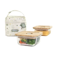 Miniland Glass Food Containers Set of 2 , 210ml Capacity , Wood Lids , With Insulated Bag , FROG